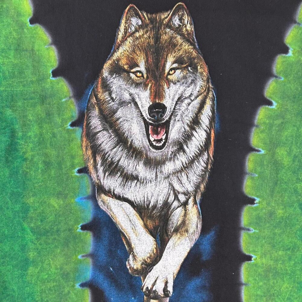 Vintage 90s Habitat green and black tie dye wolf tee